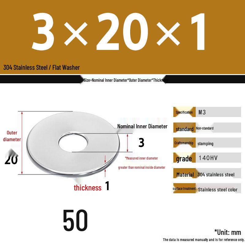 304 Stainless Steel Thickened Flat Washer Set, Sizes 2-36