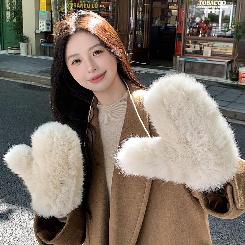 Winter Women Real Rabbit Fur Gloves Natural Thick Style Rabbit Fur Mittens Outdoor Girls Keep Warm Hand Knitted Fur Glove