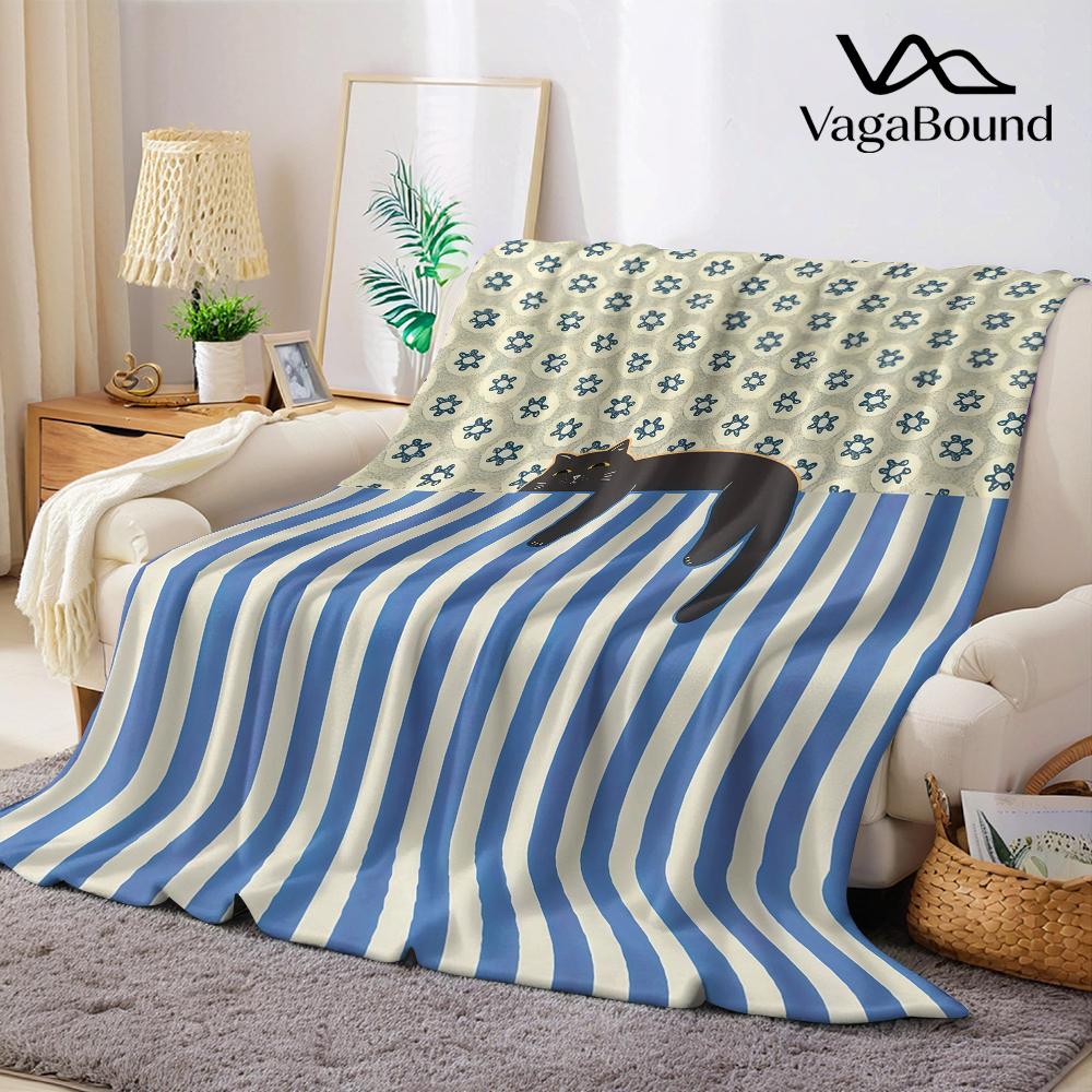 Cat With Blue And White Stripes Flannel Blanket Warm Soft Halloween Christmas Couch Warm Cozy Decorative Decor For All Season