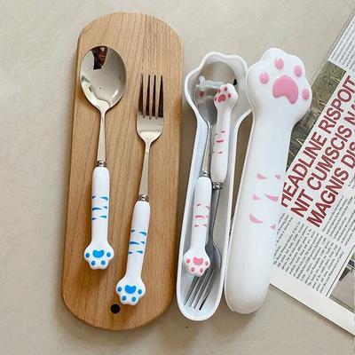 Desenhos animados fofos gato garra colher e garfo conjunto pauzinho talheres estudante crianças acampamento ao ar livre portátil kawaii acessórios de cozinha