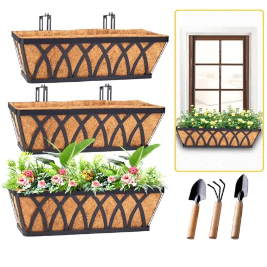 

Deck Balcony Railing Planter Window Boxes - 3 Pack 24 Inch Planters for Outdoor Fence Railing Hanging Brown Rust-Resistant Meta United States