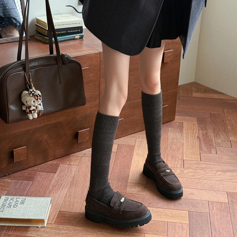 Slimming Thickened Wool Pile Socks with Diamond-patterned Texture for Women, Long and Versatile Calf Socks, Solid Color School Style Long Leg Socks