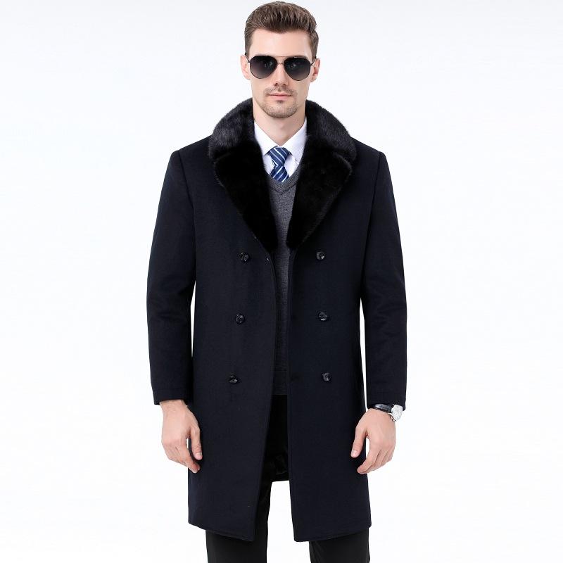 Men's Medium-length Woolen Coat, Rex Rabbit Lining, Removable Cashmere Nikon, Middle-aged Men's Mink Suit Collar Jacket