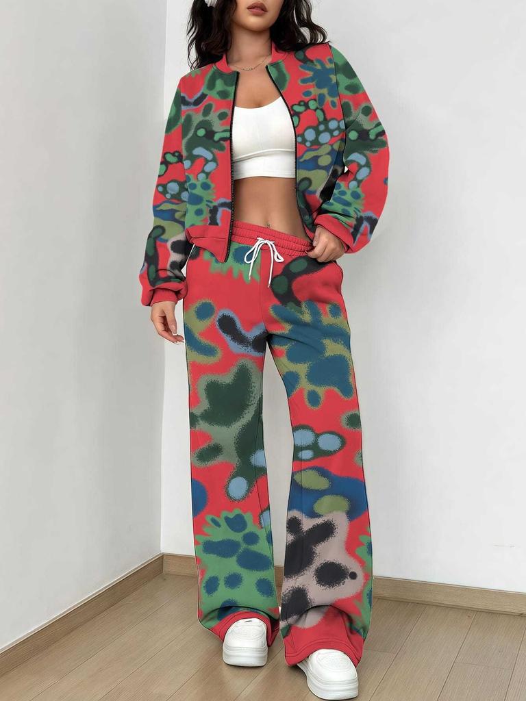 Simple Popular Autumn and Winter New European and American Women's Clothing Yellow-green Camouflage Printing Suit Women