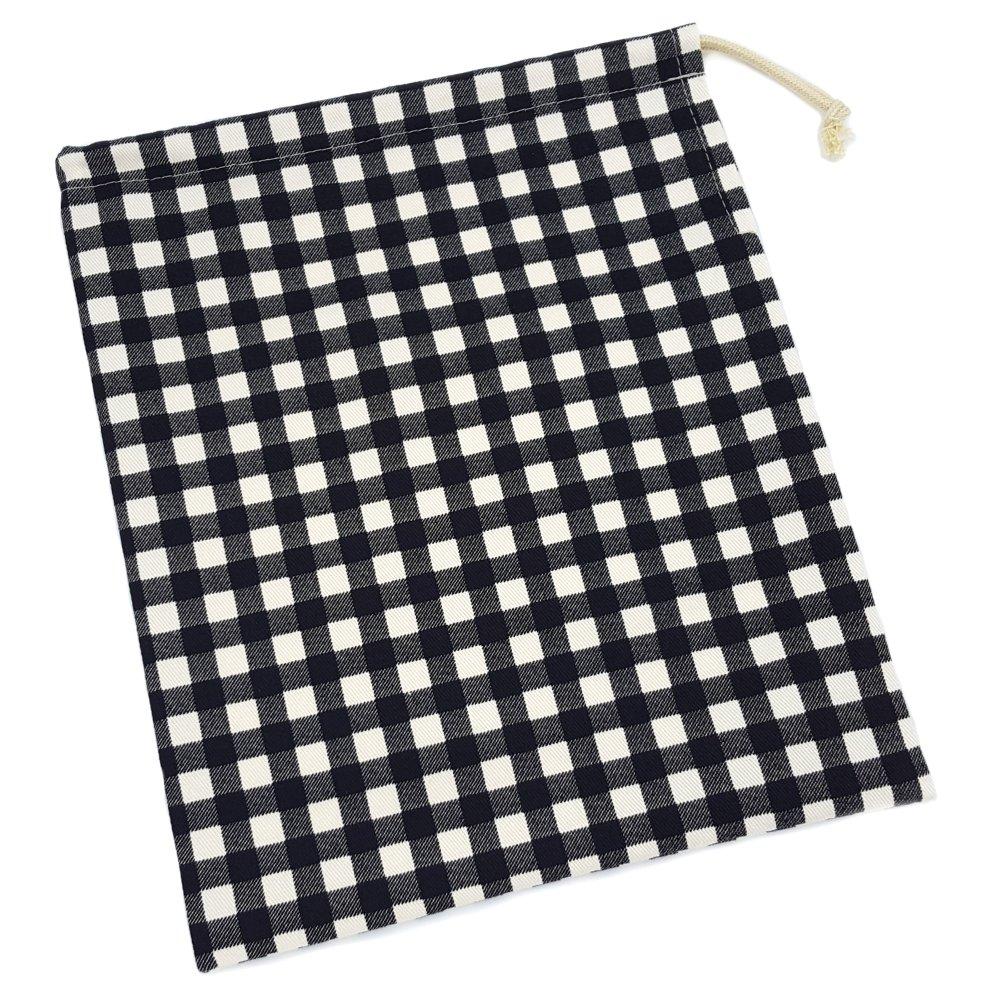 Handmade Workshop FUJITA School Lunch Black with Gingham Check Small Drawstring Bag for Boys and Handmade In Perfect for Kindergarten and School