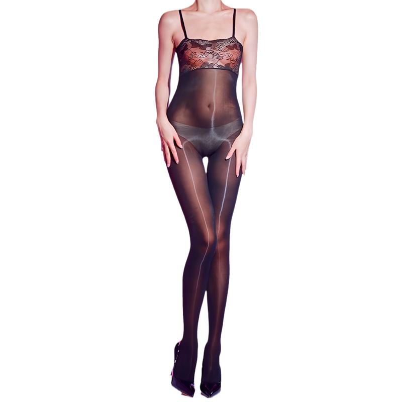 Oil Bright Jumpsuits Shiny Stocking Smooth Bodysuits Women 5D Glossy Lace Patchwork Pantyhose Lady Suspenders Rompers Catsuits