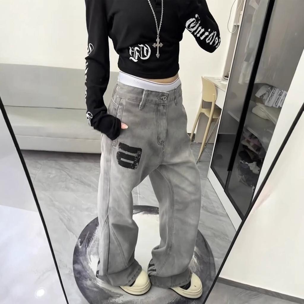 Washed White and Gray Scimitar Jeans Autumn and Winter Men's Wide-leg Pants High Street Alphabet Print Pants Oversized Loose Hip Floor Length