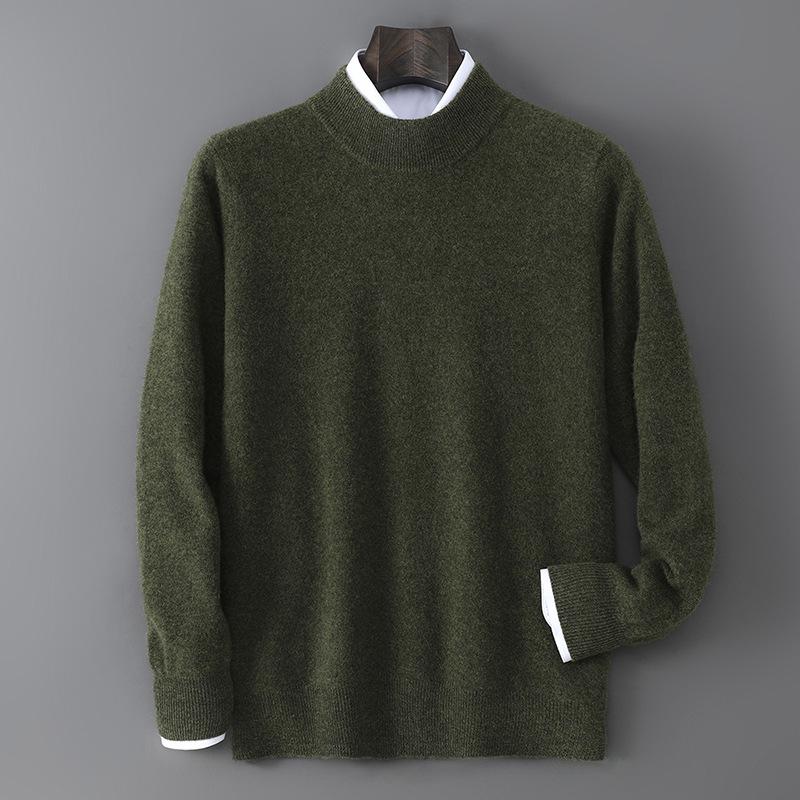 Men's 100% Pure Wool Half-High Neck Sweater - Solid Color, Business Casual Knit Base Layer Top