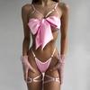 2Pcs/Set Women Sexy Faux Satin Underwear Set Lace-Up Bowknot Underwire Push-Up Bra Adjustable Strappy Thong Set