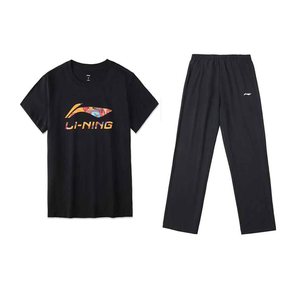 

Li Ning Printed Comfortable Universal Short Sleeve Casual Sports Suit Men suit Black AHSU837-1+AYKU703-1 L