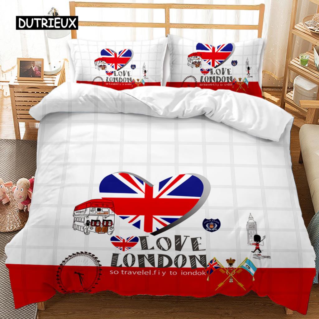 British Style Duvet Cover Set Cartoon Small Fresh I Love Paris Bedding Set for Kid Teen Polyester Paris Street Scene Quilt Cover
