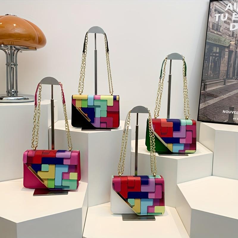 Modische Damen-Tasche mit Color-Blocking und Patchwork-Design, Karomuster, Geeignet zum Tragen über der Schulter oder als Crossbody-Tasche, Perfekt für Freizeitaktivitäten