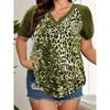 American Retro Oversized V-Neck T-Shirt Women's Plus Size Rose Pink Leopard Print Short Sleeve Versatile Flattering Top