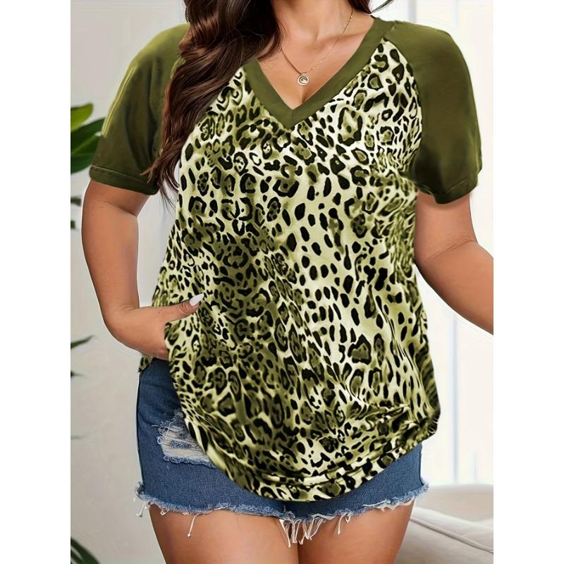 American Retro Oversized V-Neck T-Shirt Women's Plus Size Rose Pink Leopard Print Short Sleeve Versatile Flattering Top