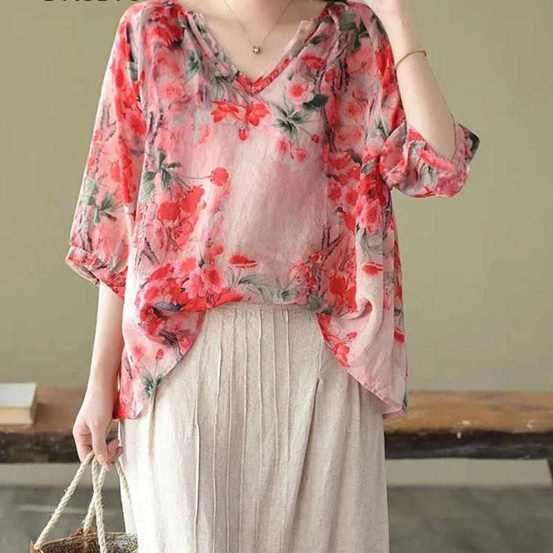 Summer Shirt Vintage Floral Print Tops Women V Neck Leisure Chic Loose Blouses Cotton Linen Thin Half Sleeve Shirts Lady