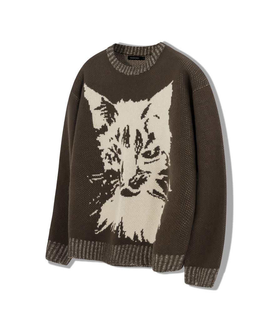 IUGAMAKARAS Pull en maille usée avec motif chat (marron)