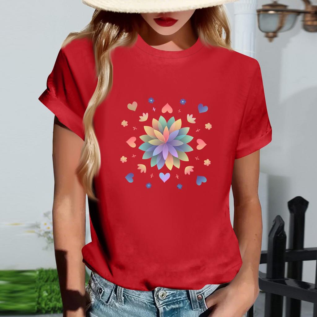 Women's Fashionable Round Neck Casual Retro Print Short Sleeved T-shirt Top