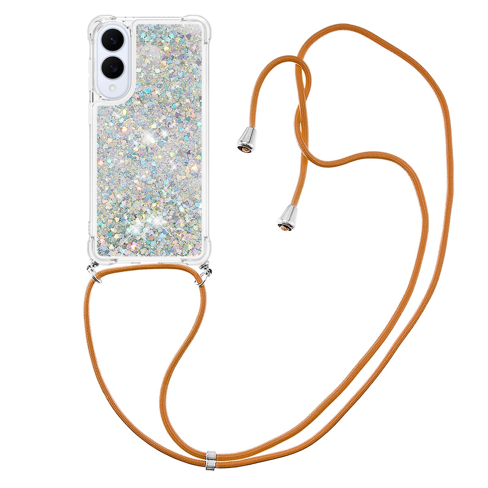 

For Samsung Galaxy S25 Edge TPU Case Quicksand Phone Cover with Lanyard Silver/Hearts