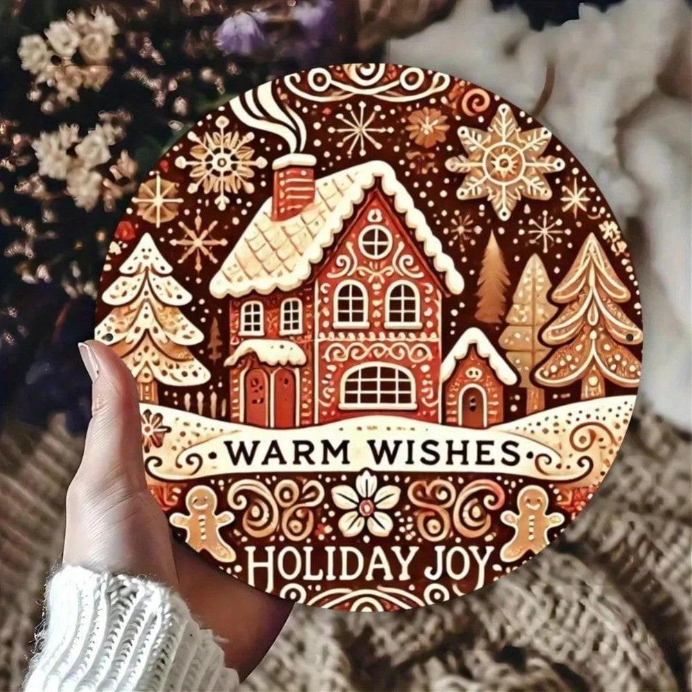 Christmas Gingerbread House Wreath Metal Tin Sign Wall Art 7.8 Inch Home Decor For Living Room Door Gift