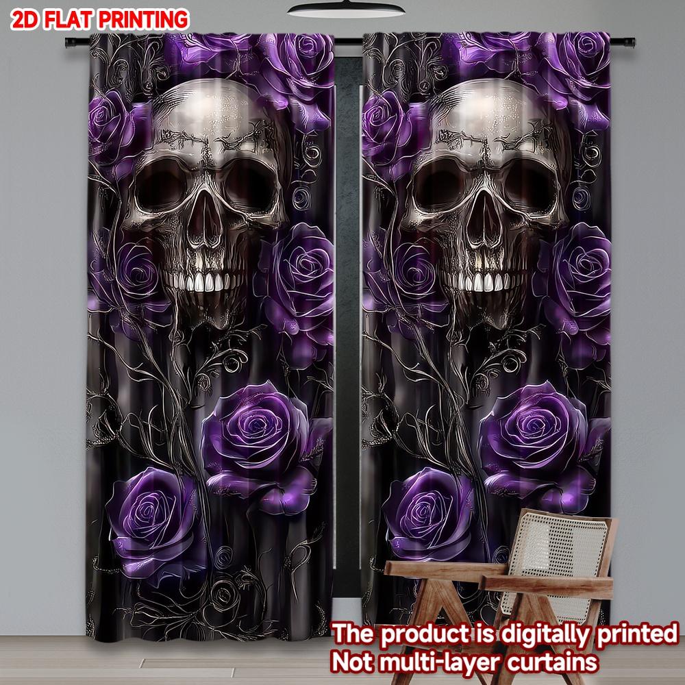 Set aus 2 Totenkopf-Rosen-Vorhängen Gotisch Weiß Lila Rosen Schwarze Ranken Dunkler Hintergrund Horror-Thema Zimmervorhang Polyester