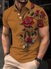 Trendy Rose Print Short Sleeve Polo Shirt, Casual Fashion Top For Men