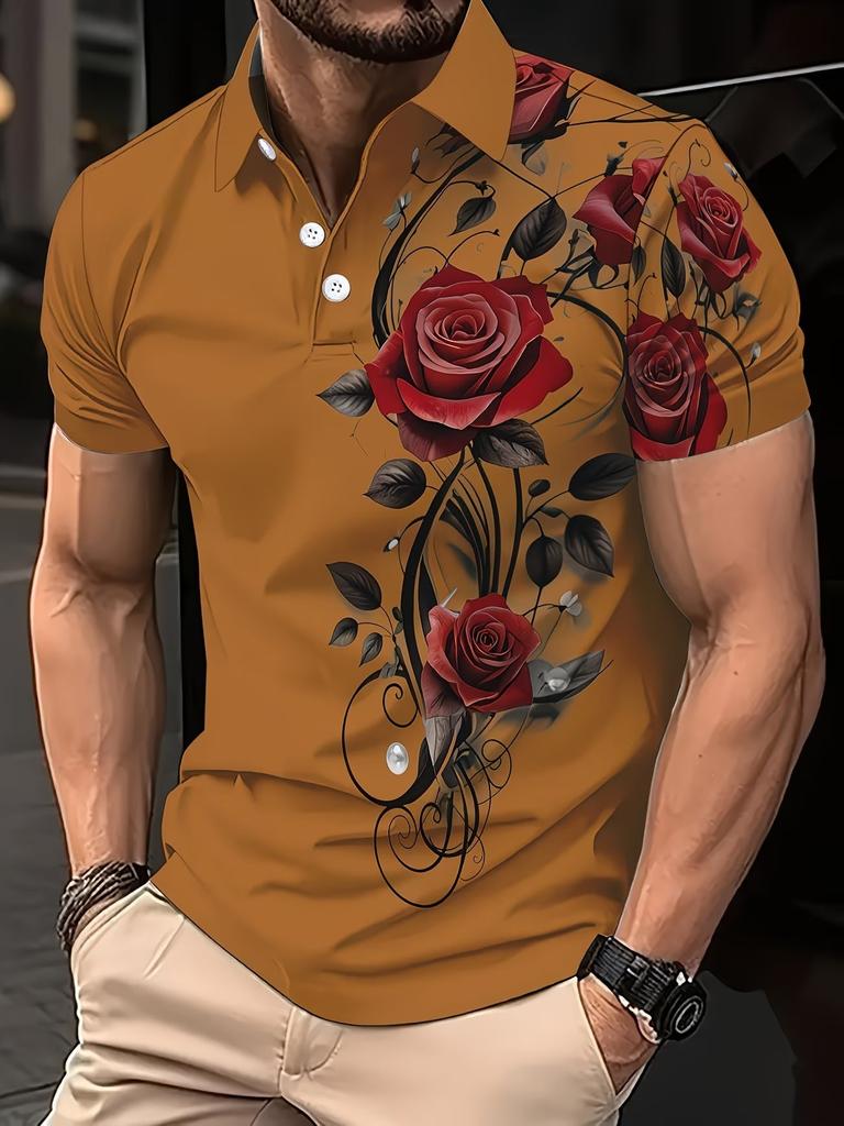 Trendy Rose Print Short Sleeve Polo Shirt, Casual Fashion Top For Men