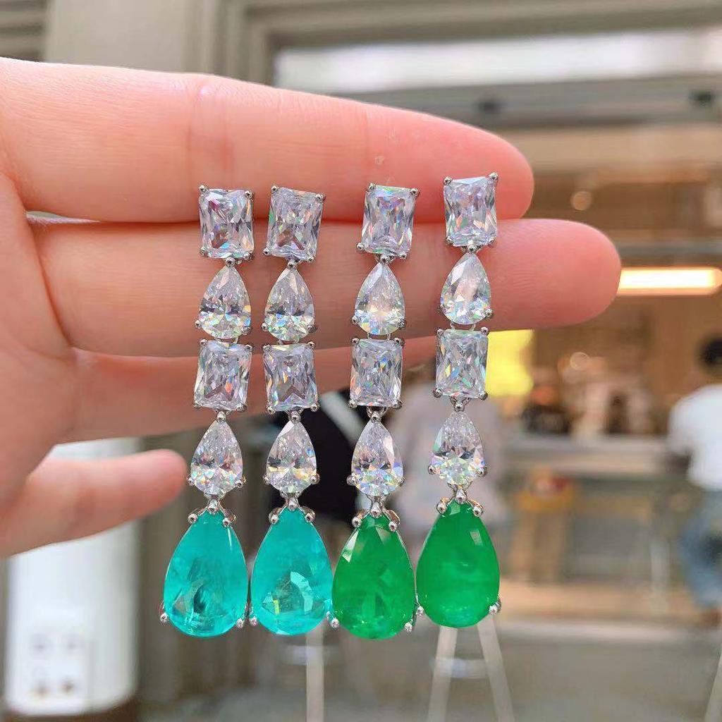 Jewelry Retro Color Treasure Simulation Paraiba Emerald Big Earrings Main Stone 10 * 16