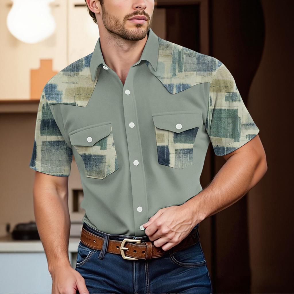 Pánské módní s klopou a krátkým rukávem ležérní top délky po ramena