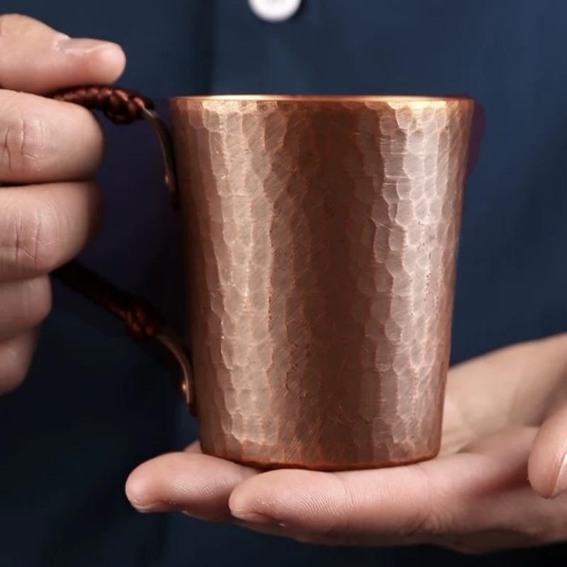 Vintage Pure Copper Coffee Mug ,Hammer Texture Weave Handle Breakfast Mule Milk Water Cup ,Handcrafted Tea Tumbler Tableware