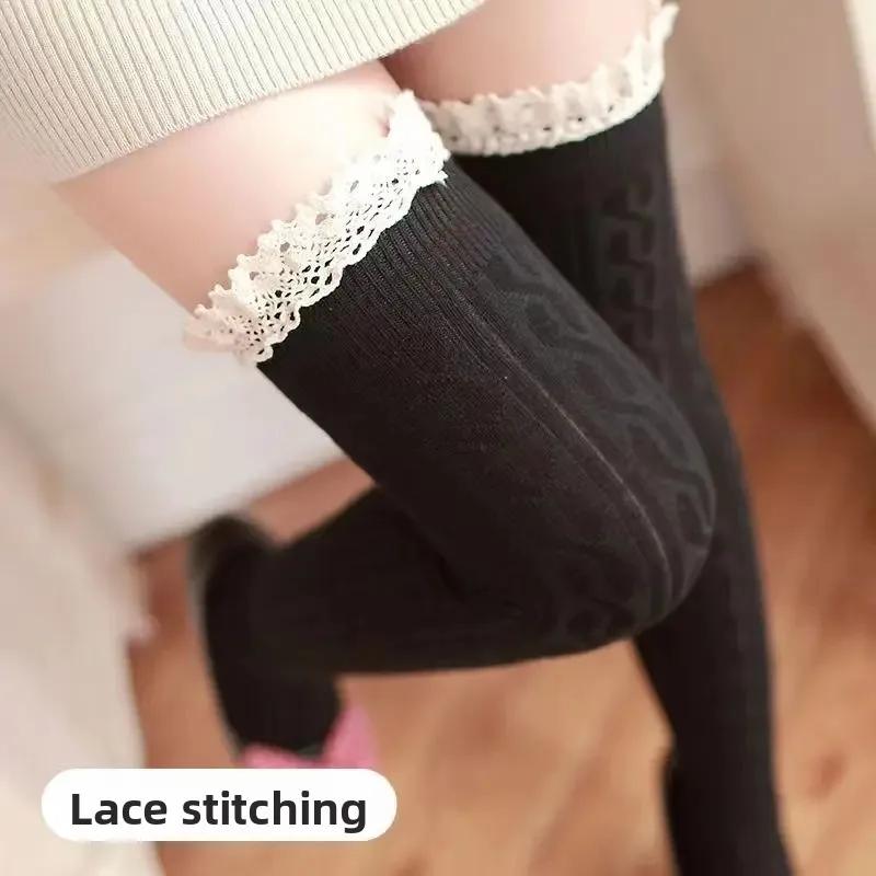 Süße Spitzen-Oberschenkelhohe Socken Japanischer Stil Gestrickte Lange Socken JK Lolita Schwarz Weiß Strümpfe Damen Mädchen Amagi