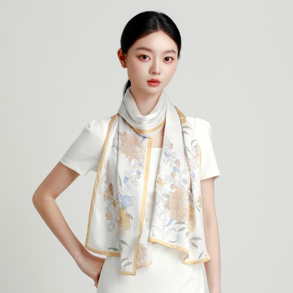 100% Mulberry Silk Noble Pearl Satin Fashion Printed Long Scarf for Women