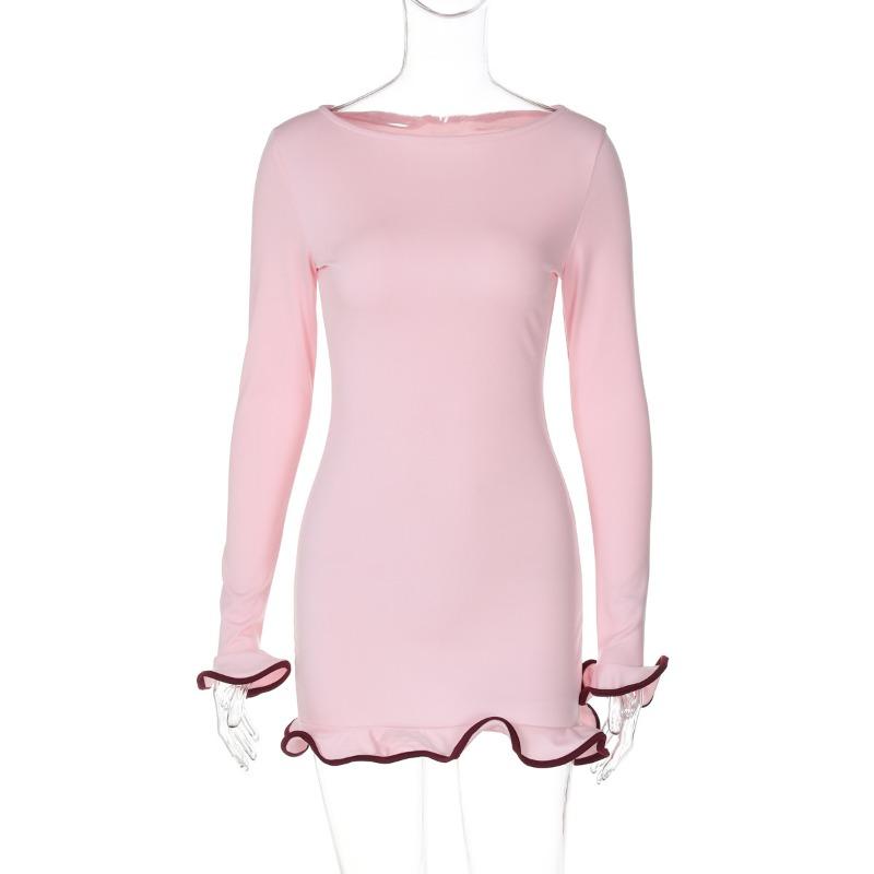 

Платье мини с оборками, женское, летнее, с длинным рукавом, плиссированное, с высокой талией, женское, для отдыха, повседневное, уличное, модное, вечернее, элегантное, короткое, женское S розовый