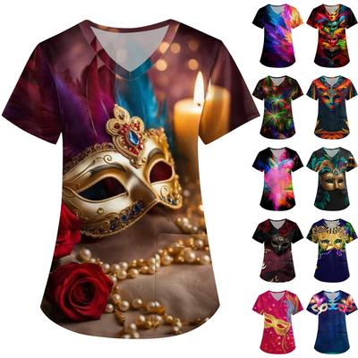 Women's  Carnival Themed Outfit Party Mask Pattern Caregiver Top