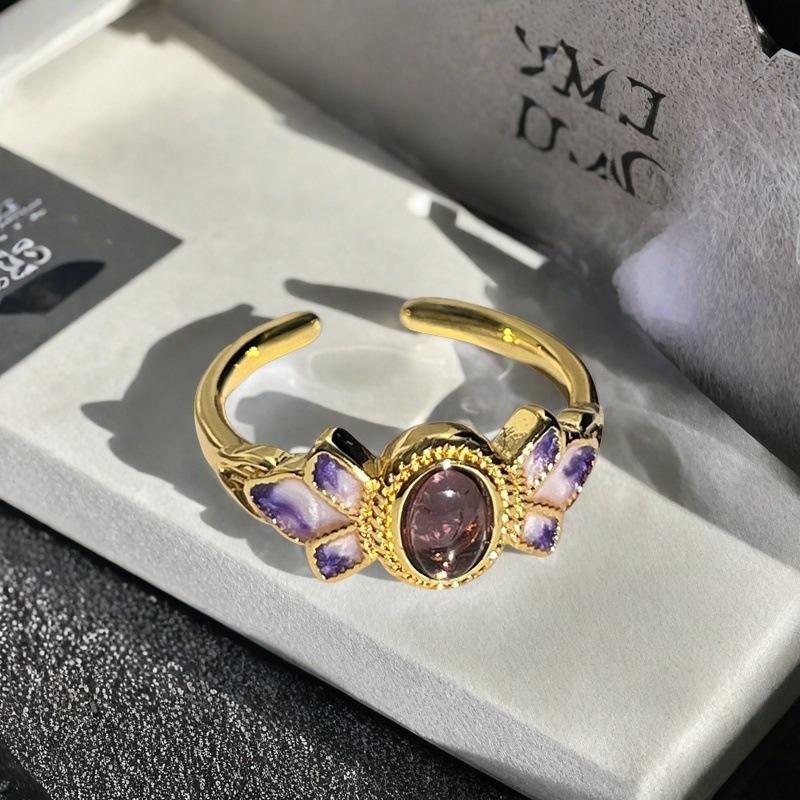 High-End Brown Colored Treasure Retro Flower Enamel Purple Dripping Oil Opening Ring Medieval French Retro Ring Woman