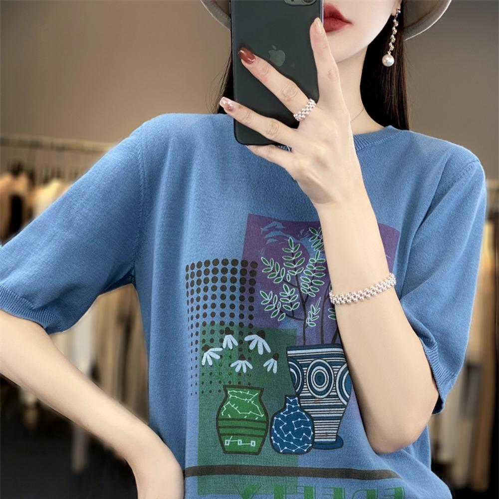 Summer New Knitted Short-Sleeved Women's Round Neck Color Matching Printed T-Shirt Loose Plus Size Half Sleeve Top