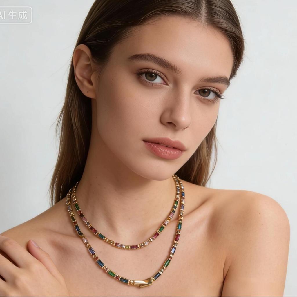 Dopamine Sugar Cube Colored Zircon Summer Eye-Catching Neck Chain Light Luxury Simple Temperament Bracelet Necklace