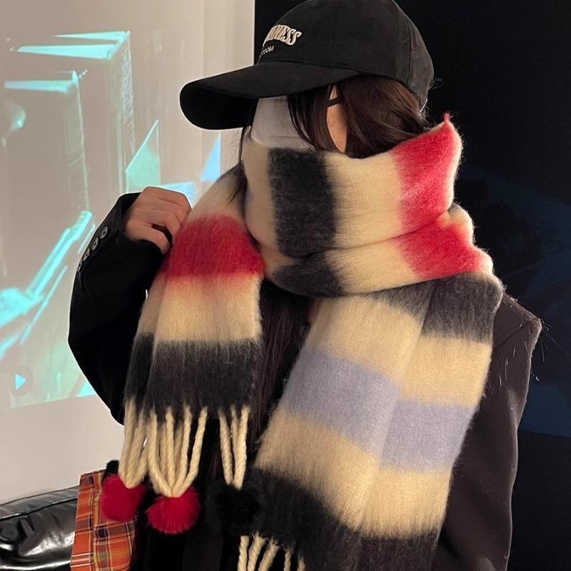 Autumn and winter dopamine striped scarf women's rainbow warm scarf pulling hair versatile fringed hairball scarf