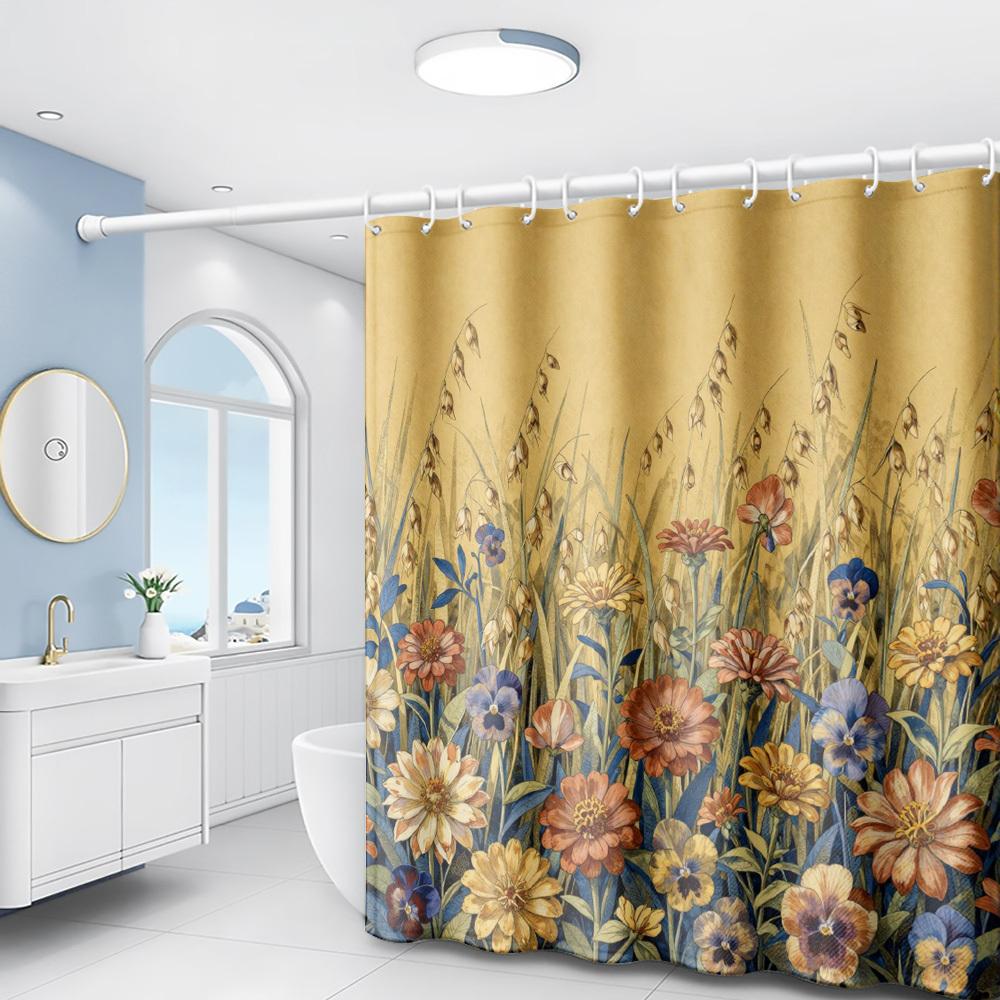 1pc Pastoral Style Floral Fresh and Natural Botanical Print Shower Curtain, Bathroom Home Decor Shower Curtain with Free Plastic
