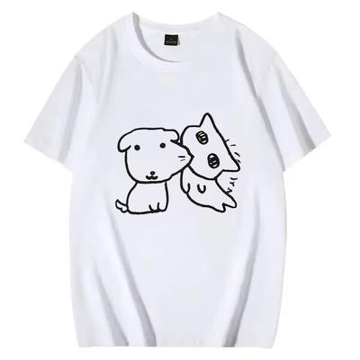 Unisex Casual Simple Cat Dog Graphic Tee Soft Cotton Round Neck Loose Short Sleeve Daily Couple Top