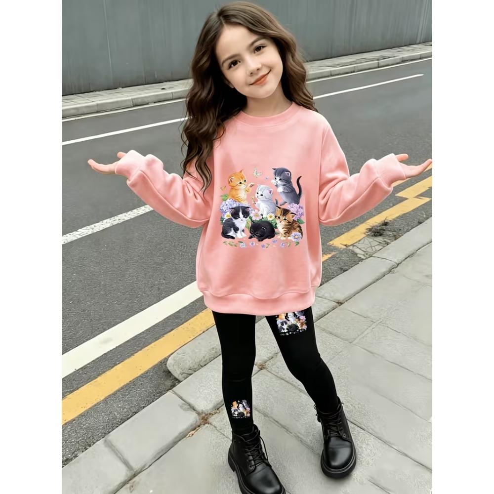 Girls' Cat Family Print Casual Comfortable Soft Loose Pullover Sweatshirt and Leggings 2-Piece Set, New Autumn/Winter, Playful, Sweet and Cool Style