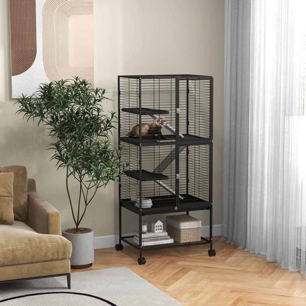 Rolling Chinchilla Cage, Small Animal Cage for Ferrets W/ Three Doors, Storage, Shelf, Tray Tray, Bowl, Water Bottle
