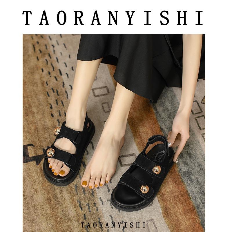 Leather Platform Flat Heel Casual Shoes Hollow Muffin Bottom Open Toe Velcro Large Size Sandals Women