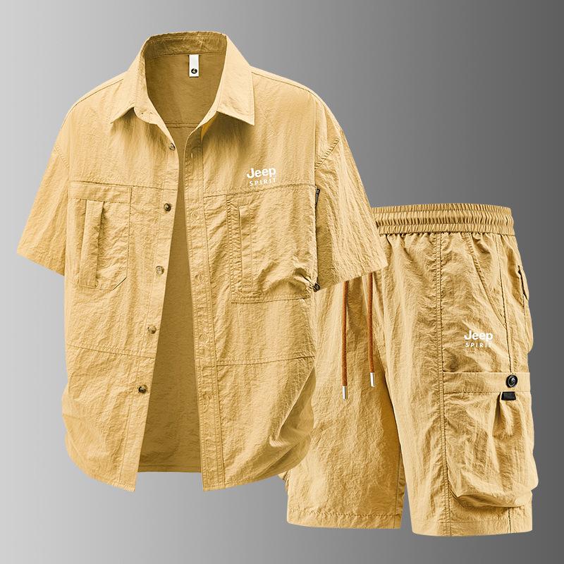 Summer Ice Silk Short Sleeve Set Men's Short Sleeve Shirt Five Leg Pants Workwear Set