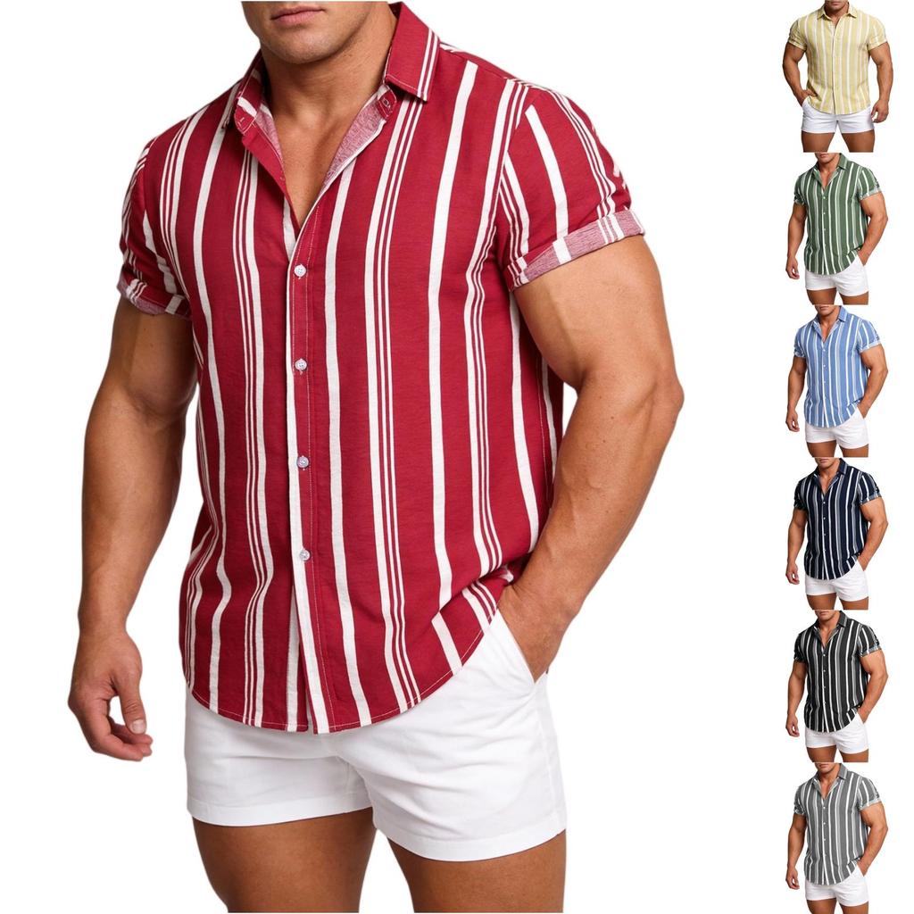 Men's Casual Short Sleeve Button Down Shirt Lightweight Breathable Striped Polo Collar Shirt Suitable for Vacation and Sports Wear