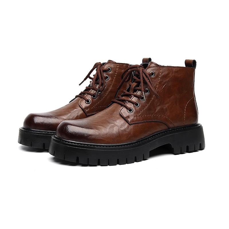 Fashion High-quality Leather Fashion Brand Outdoors Men's Glossy Comfortable Thick Soled Chelsea Retro Casual Side Zipper Lace Up Boots