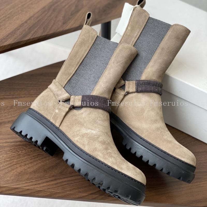 

Fashion Women Mid Calf Boots Round Toe Flat Sole Genuine Leather Thick Sole Simple Design Solid Color British Style Short Boots 41