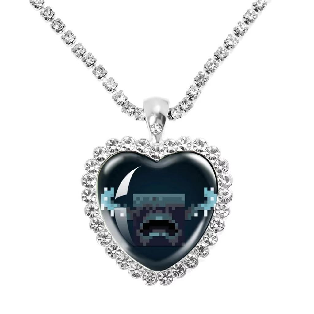 Fun Pixel Block-themed Heart Necklace Accessories, Heart Pendant, Sweater Chain, Rhinestone Necklace