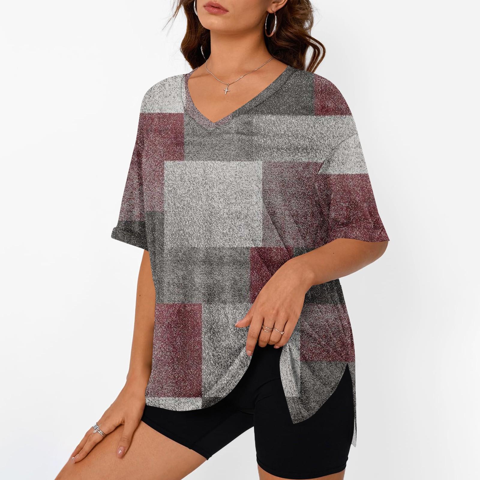 Women s Summer Casual Tops  Print Large Size T-shirts V-neck Short-sleeved Shirts Casual Loose Tops XXL винный
