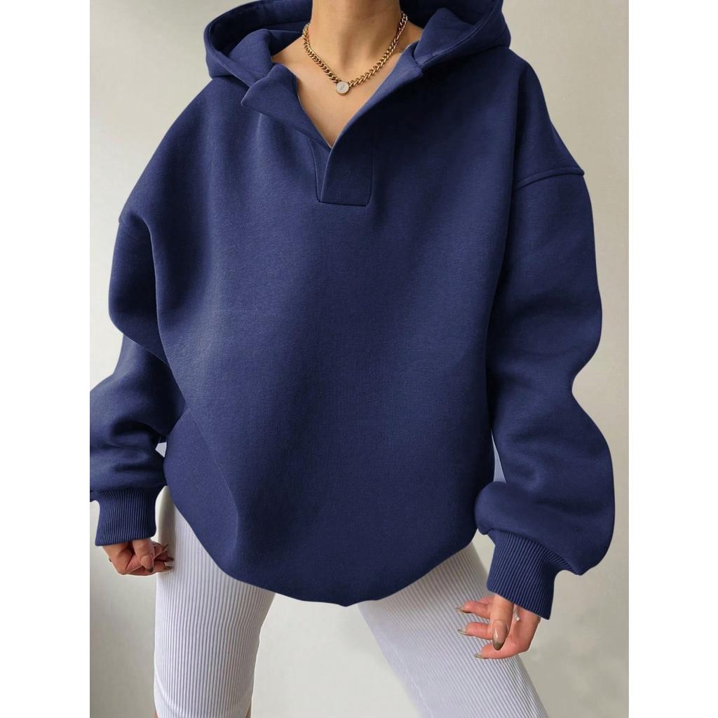 Autumn and Winter Women's Sportswear Solid Color Long Sleeved Hooded Solid Color Loose Sweatshirt