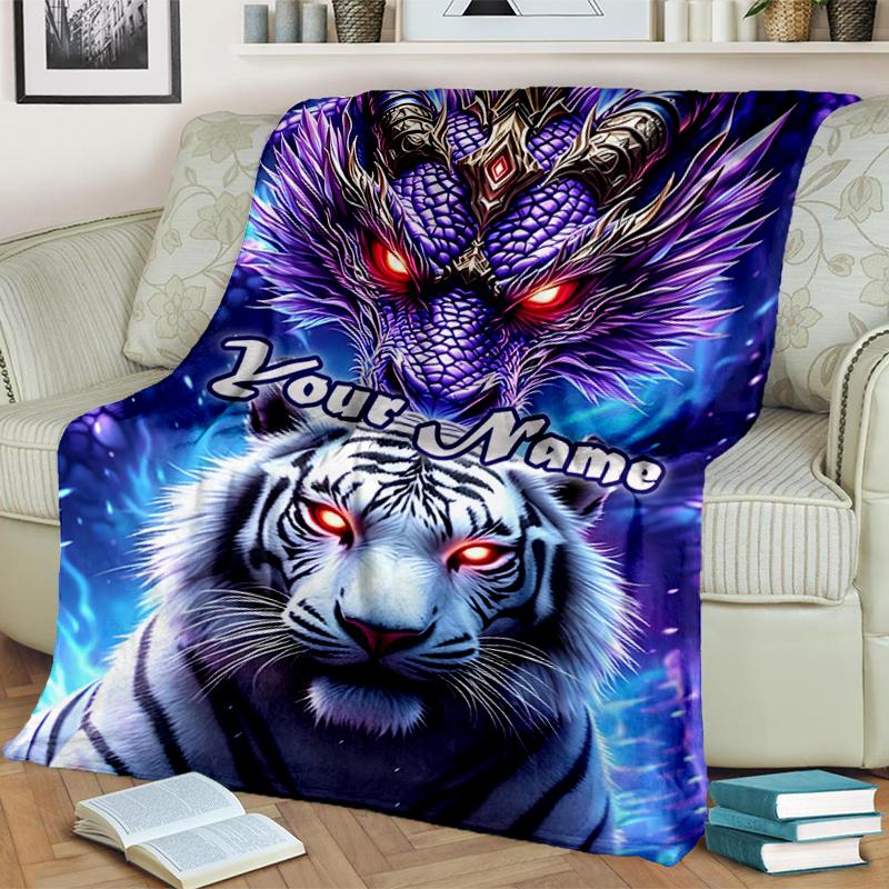 1PC Custom Name Tiger Dragon Fantasy Outdooor Flannel Blankets Throw Blanket All-Season Throw Gift Bedspread for Couch, Bed, Camping Holiday Birthday